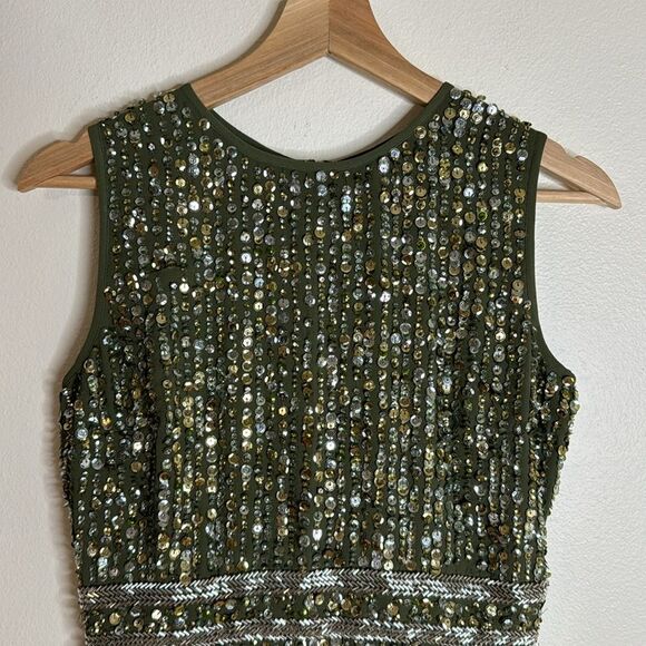 Mac Duggal SEQUINED HIGH NECK SLEEVELESS COLUMN GOWN in olive size 2 - Picture 4 of 16